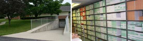 Two photos.  The first is of a vehicle ramp that goes to the lower level of a building.  The second is a well organized wall of publications.