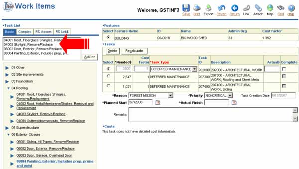 Image of the I-Web Work Items page.  An arrow indicates the display box above the tree and the "inadvertantly" selected Skylight item.