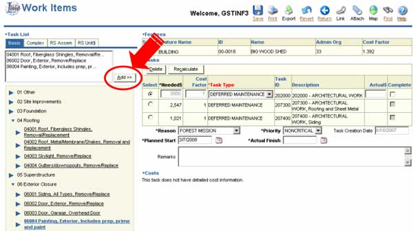 Image of the I-Web Work Items page.  A circle and arrow indicate the 'Add' button to the right of the display box.