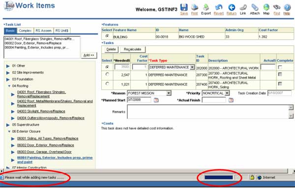 Image of the I-Web Work Items page.  Two cirlces on the status bar at the base of the page indicate the progress bar and the message, "Please wait while adding new tasks." 