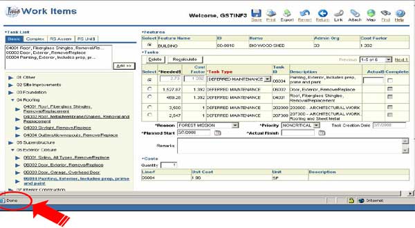 Image of the I-Web Work Items page.  A circle on the status bar at the base of the page indicates the message, "Done." 
