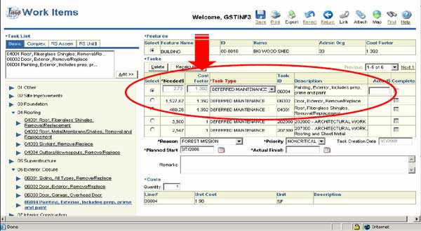 Image of the I-Web Work Items page.  A circle and arrow in the middle of the page indicate the new tasks assigned to the building.