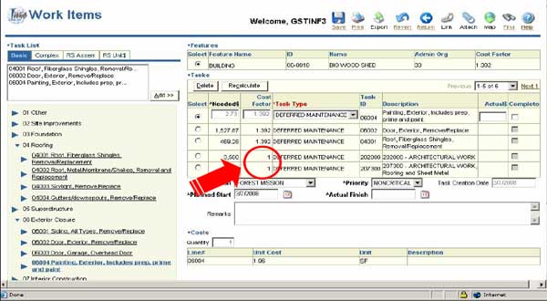 Image of the I-Web Work Items page.  A circle and arrow indicate the cost factor of the legacy tasks.