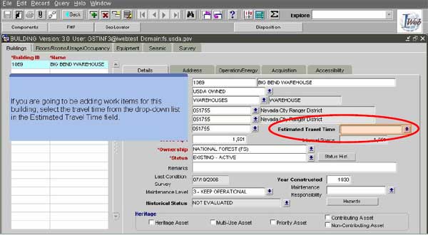 Image of the I-Web Buildings application page.  An inset box indicates, "If you are going to be adding work items for this building, select the travel time from the drop-down list in the Estimated Travel Time field."  A circle on the right side of the page indicates the 'Estimated Travel Time' drop-down menu.