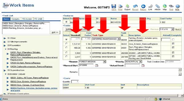 Image of the I-Web Work Items page.  Five arrows indicate categories in the task list.