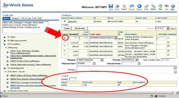 Image of the I-Web Work Items page.  A circle and arrow indicate a parent record in the task list.  A circle near the bottom of the page indicates the cost block.
