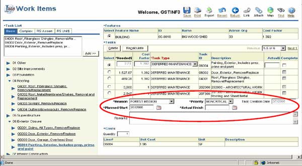 Image of the I-Web Work Items page.  A circle in the middle of the page indicates additional information in the tasks block.