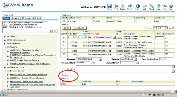Image of the I-Web Work Items page.  A circle near the bottom of the page indicates the 'Quantity' field in the 'Costs' block.