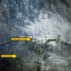 Aerial view of the deployment area showing rock slump at the lower left.