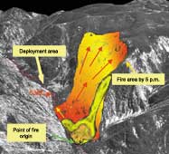 Fire growth map showing the fire's origin, the fire area by 5 p.m., and the deployment area.