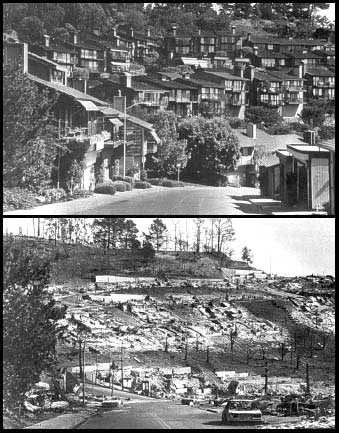 Two photos show a wildland-urban intermix in Oakland, California. The first photo shows many house on a hillside. The second photo shows the same hillside with all the houses burned down.