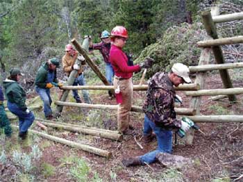 Photo of volunteers building a wooden fence.