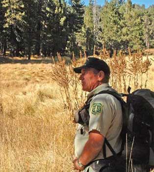 Photo of a volunteer in uniform assisting forest visitors in a meadow.