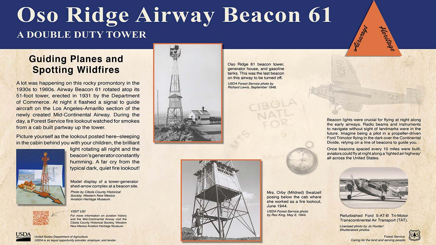 Oso Ridge interpretive sign showing pictures of planes and towers.