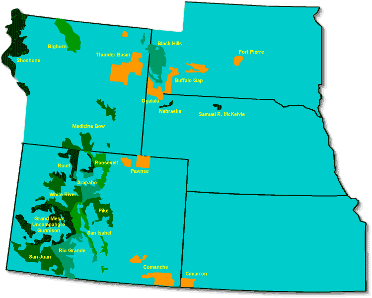 This is a map the Rocky Mountain region of the United States. It shows where the National Forests are located
