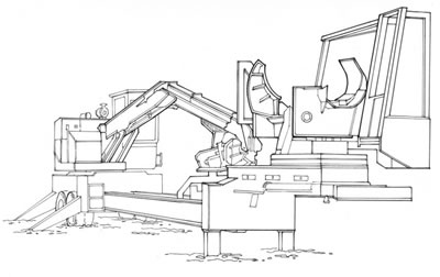 Trailer Mounted pull-through delimber with saw.