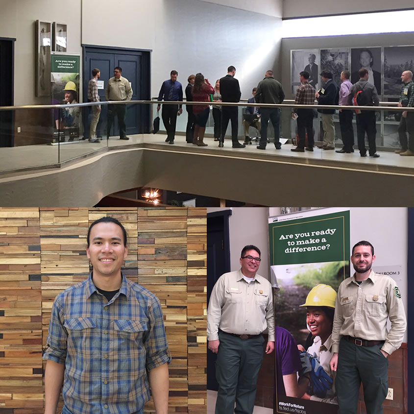Three Pictures: students lined up at the hiring event to sign up for interviews, two Forest Service employees standing by a Forest Service employment poster, and Huan Huyhn.