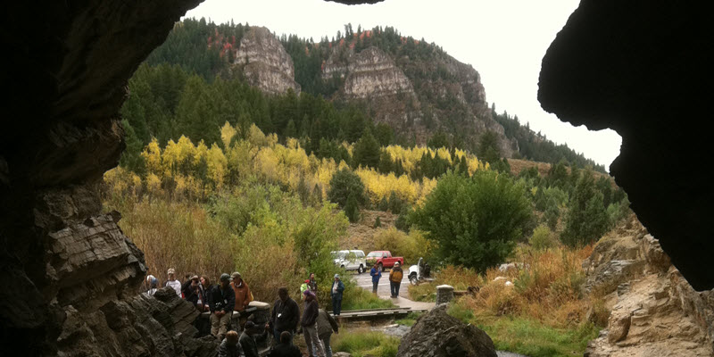 Image from inside a cave facing out at the Ricks Spring Recreational Site on the Uintah-Wasatch Cache National Forest.