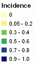 Incidence values (IV) of the species as calculated from the BBS data. The BBS Incidence (on a scale of 0 – 1) represents the proportion of times a species was observed on a route over a decade. Legend