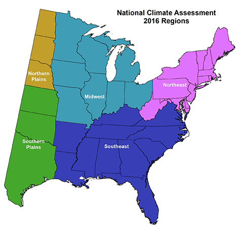 map of the National Climate Assessment (NCA) 2016 Regional areas