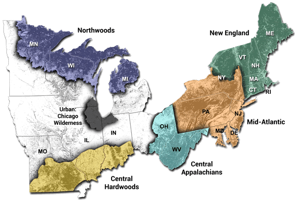 Map shows areas of regional assessments int he NOrth Central and northeast USA.