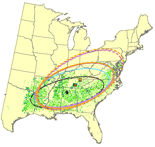 Potential Changes in Mean Center of Distribution for southern red oak