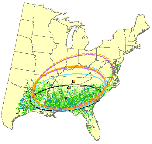 Potential Changes in Mean Center of Distribution for water oak