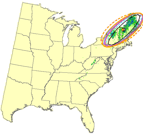 Potential Changes in Mean Center of Distribution for red spruce