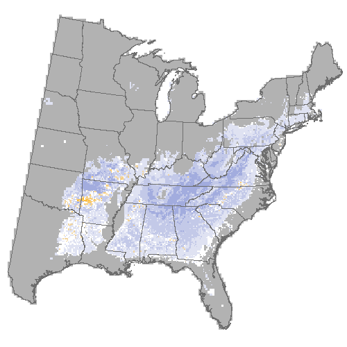 Difference Summary for shortleaf pine under Community Climate System Model 4.0 (CCSM4), Moderate emissions (RCP 8.5)