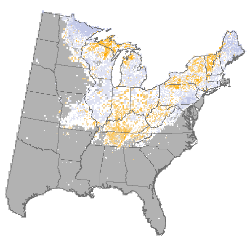 Difference Summary for sugar maple under Average of 3 GCM, Moderate emissions (RCP 4.5)
