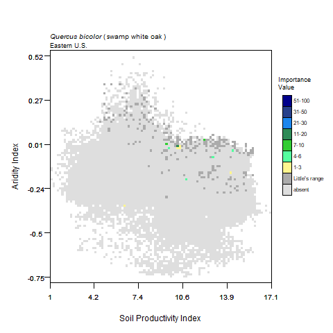 Graph of Precipitation in mm (x) vs Average Temperature, C for swamp white oak with importance values graphed