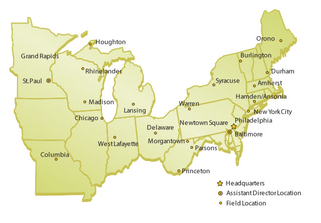 map of the Northern Research Station showing locations and headquarters