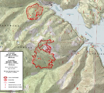 [Graphic]: Map graphic of Beta Lake - Doris Ridge Fire infrared imagery map.