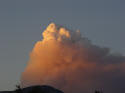 [photo]. Shows a smoke cloud as seen at sunrise or sunset, for the Trapper Creek Complex. Select for a larger photo.
