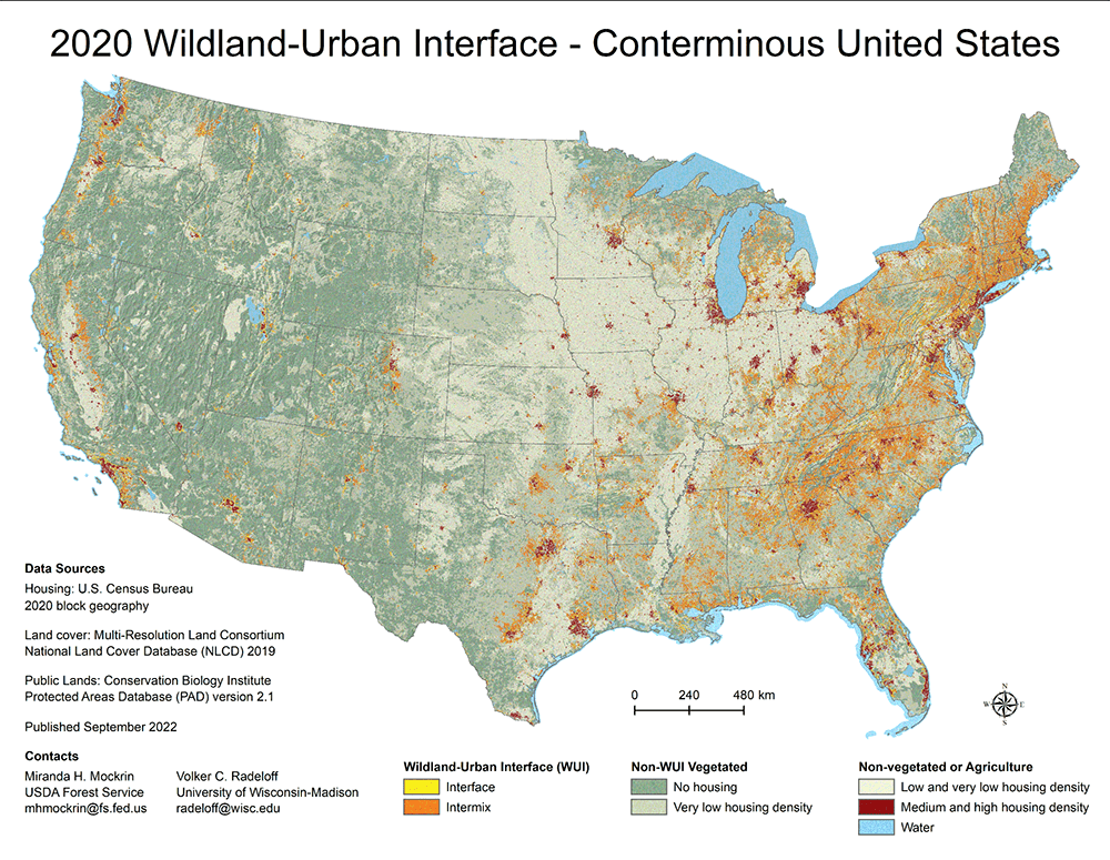 Map of the conterminous United States showing housing density in both intermix and interface communities