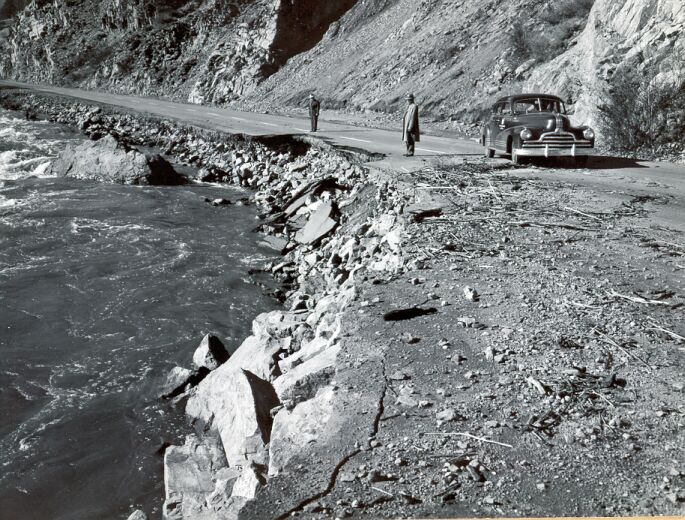 Damage to road shoulder in Trickee Canyon above Reno by flood of Nov. 21, 1950.