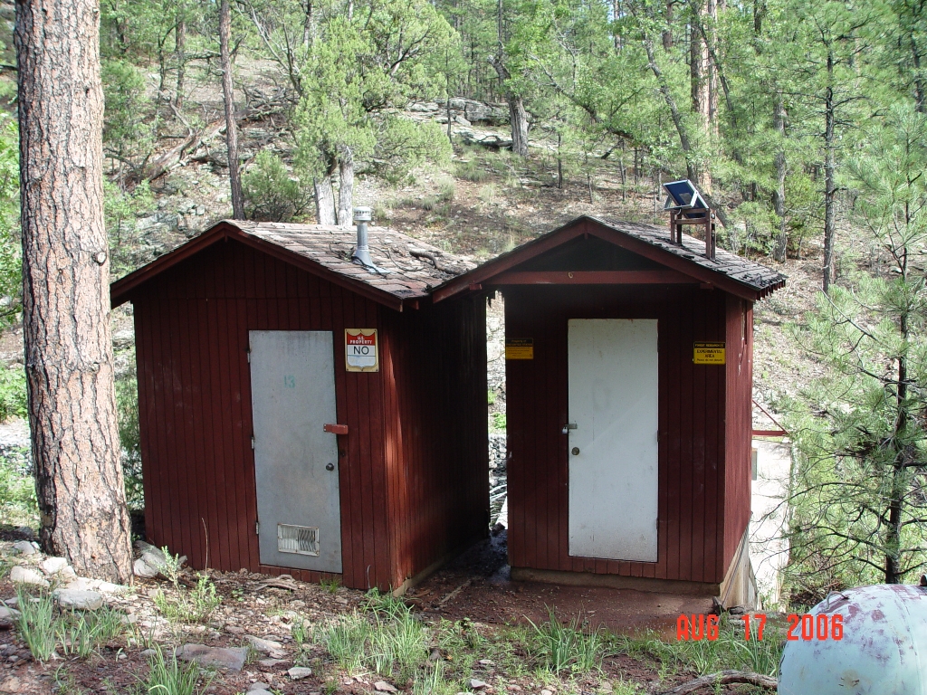 The sheds house the stream gauging and data collection equipment.