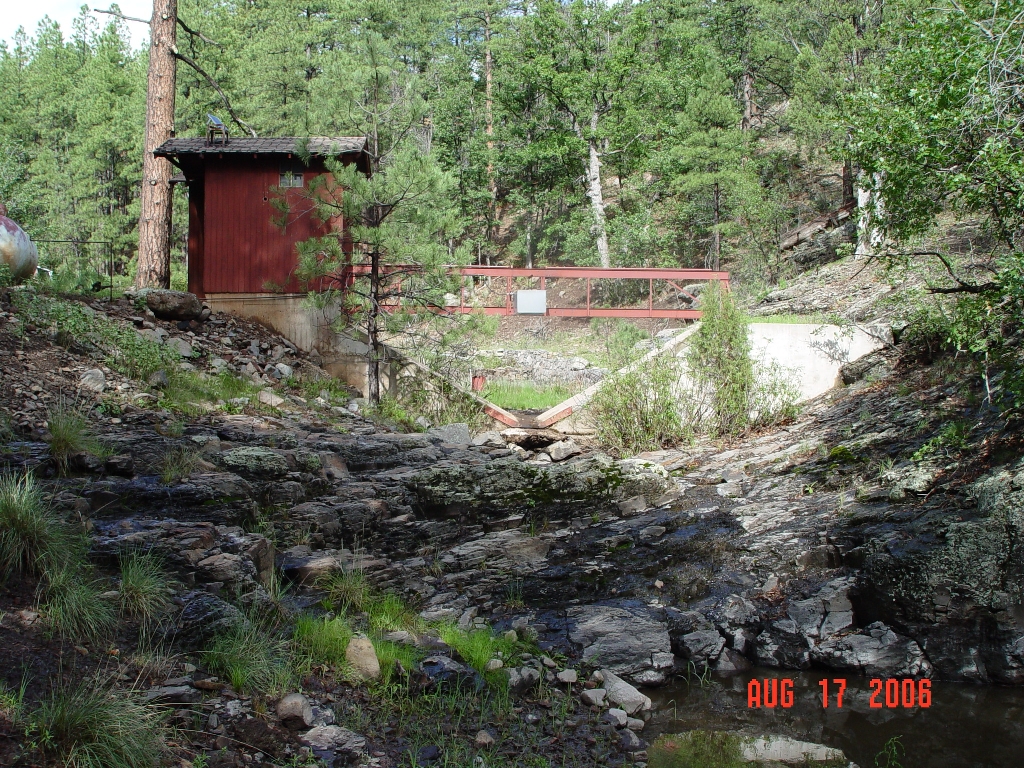 Looking upstream from below the weir and stream gauging station.