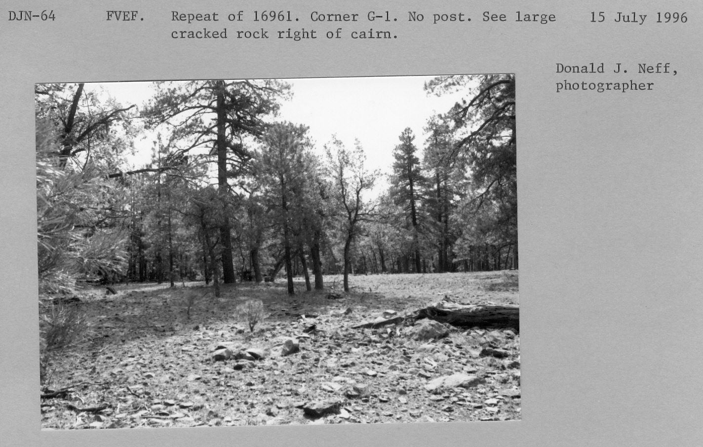 Plot S5-I-G. Repeat of 16961.  Corner G-1  no post. See large cracked rock to right of cairn. 