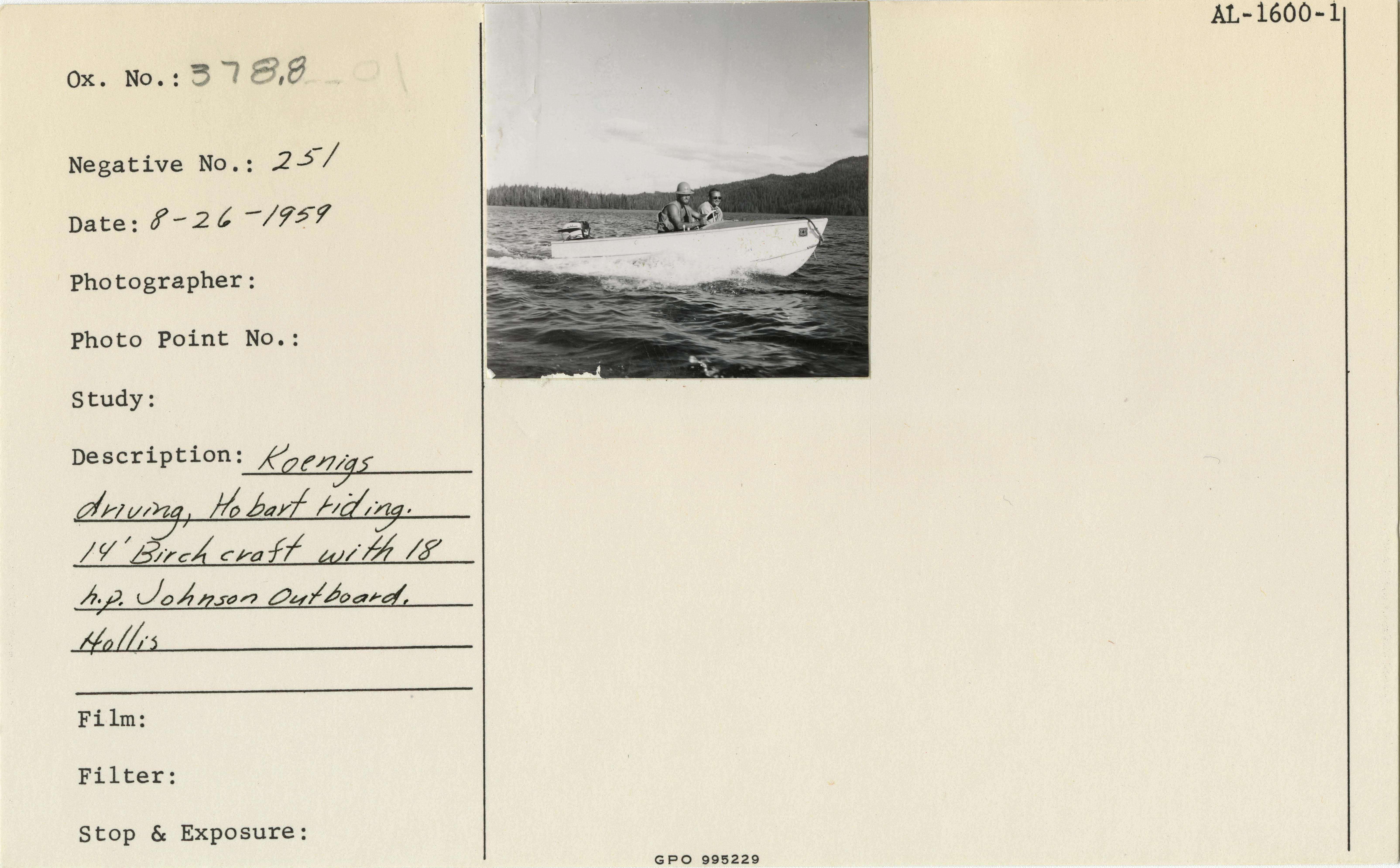 Donald Koenigs driving, Hobart riding. 14' Birch craft with 18 h.p. Johnson outboard.