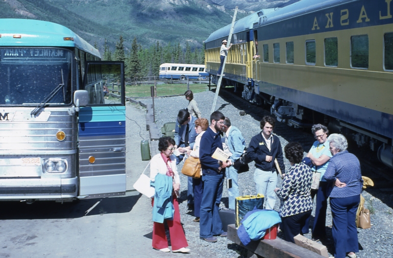People at Alaska RR train /bus