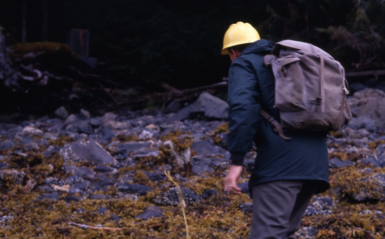 Man walking through intertidal zone