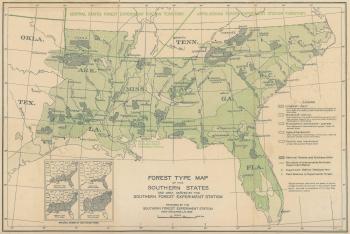 1936 color map of the southern United States showing different Forest Service experiment stations and forest types, as well as names of national forests.  Also has inset maps of southern pine distributions.