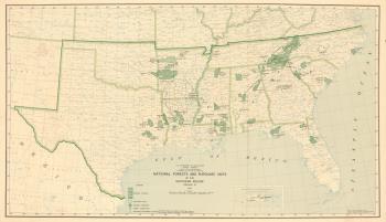 1942 color map of the Southern Region (Region 8) showing the national forests and purchase units, as well as the Crossett Experimental Forest location.