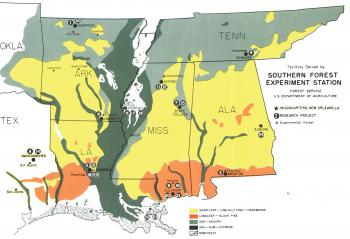 1968 color map of the forest types and areas served by the Southern Forest Experiment Station, including locations of research projects and experimental forests.  Some of eastern Texas missing color.