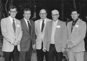 Some of the dignitaries at the rededication of the Crossett Experimental Forest.  From left to right:  Larry E. Lassen, Director, Southern Forest Experiment Station; US Senator Dale Bumpers; Robert E. Buckman, Deputy Chief for Research, USDA Forest Service; Russell R. Reynolds, USDA Forest Service (retired); and James B. Baker, new project leader, Southern Forest Experiment Station.