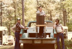 Dr. James Baker (unit project leader) addressing attendees of a Crossett Forestry Field Day, probably in the late 1980s.