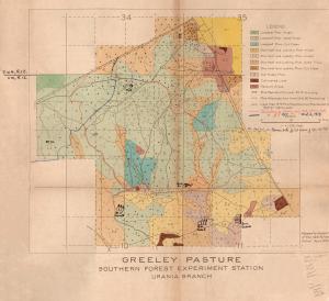 Map of the Greeley Pasture, part of the Urania Lumber Company's land in central Louisiana that was provided to the Southern Forest Experiment Station for various research projects.  Map originally produced by 1926 Yale Forestry School students; updated with study locations in 1929.