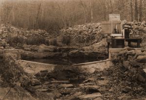 Caption reads:  "Figure 3. Gaging Point No. 1, West Nesbitt Creek.  Watershed area 156.0 acres."  From "Report on the Hoover-Nesbitt Creek Watersheds, Irons Fork Experimental Forest" by Norman E. Hawes, unpublished 10 page report written on April 9, 1940.