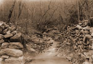 Caption reads:  "Figure 4.  Channel above Gaging Point No. 1, West Nesbitt Creek.  Watershed area 156.0 acres."    From "Report on the Hoover-Nesbitt Creek Watersheds, Irons Fork Experimental Forest" by Norman E. Hawes, unpublished 10 page report written on April 9, 1940.